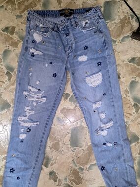 Lucky Brand Light Blue Distressed Boyfriend Jeans with Floral Embroidery